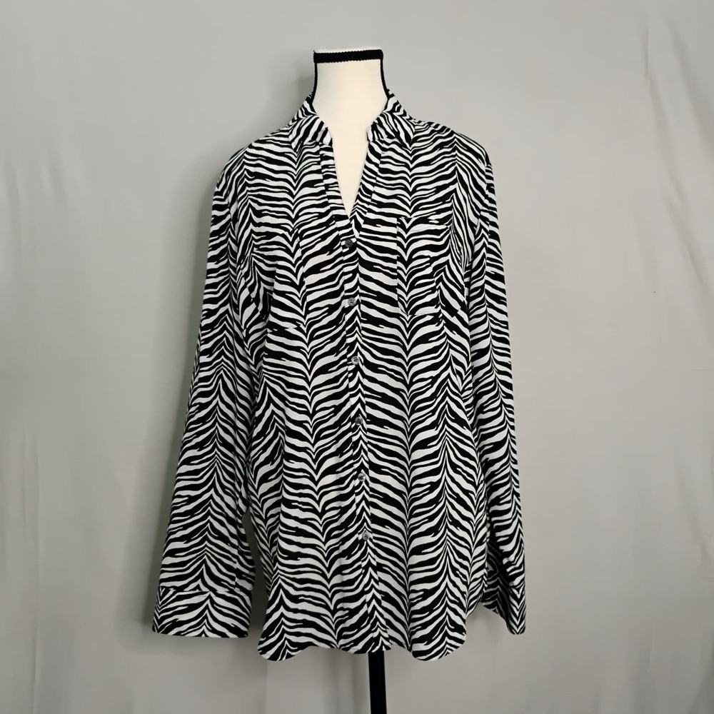Talbots Zebra Print Button Front Blouse Size‎ 16 Lightweight Roll Tab Sleeve